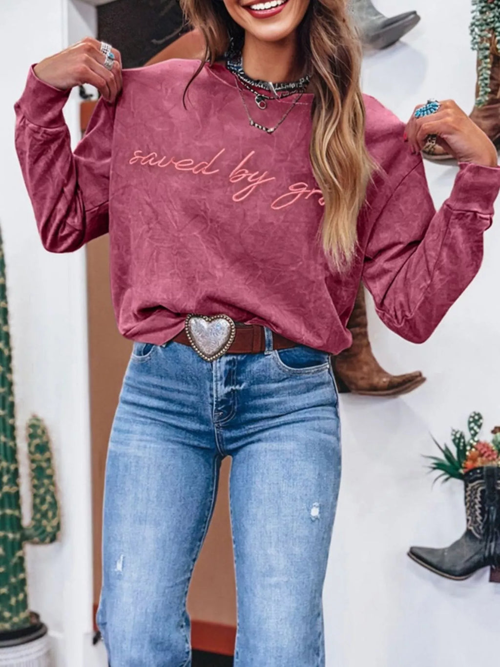 Saved By Grace Letter Embroidery Mineral Wash Loose Sweatshirt