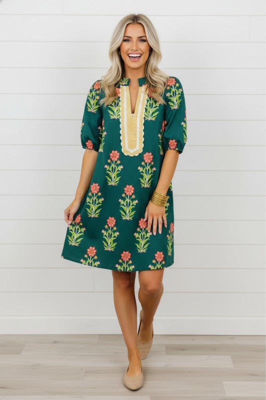 Floral Contrast Trim Stripe Patchwork Dress