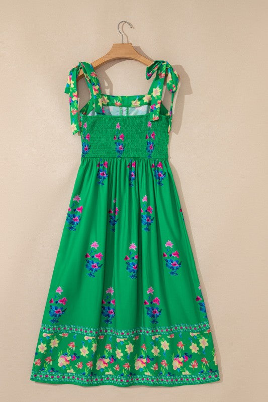 Floral Contrast Trim Knotted Straps Midi Dress