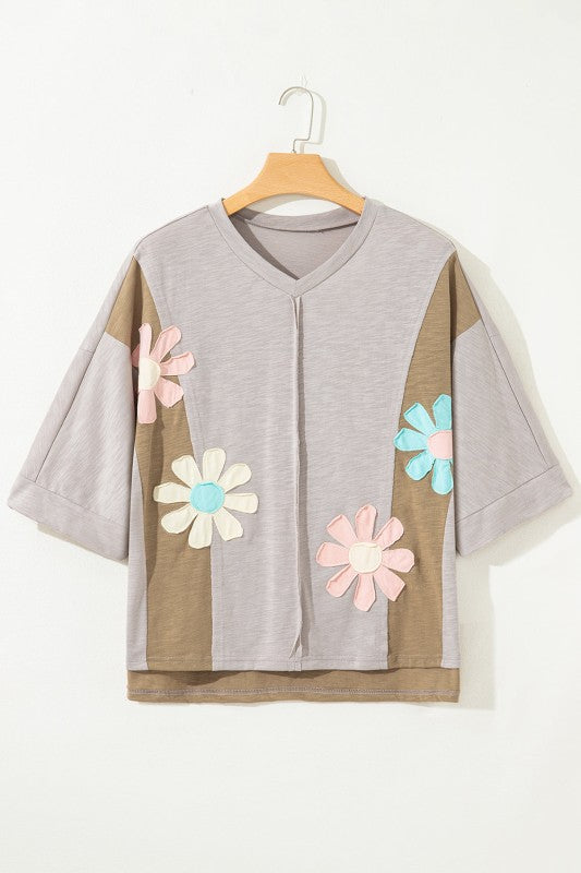 Flower Patch Exposed Seam Bracelet Sleeve T-Shirt