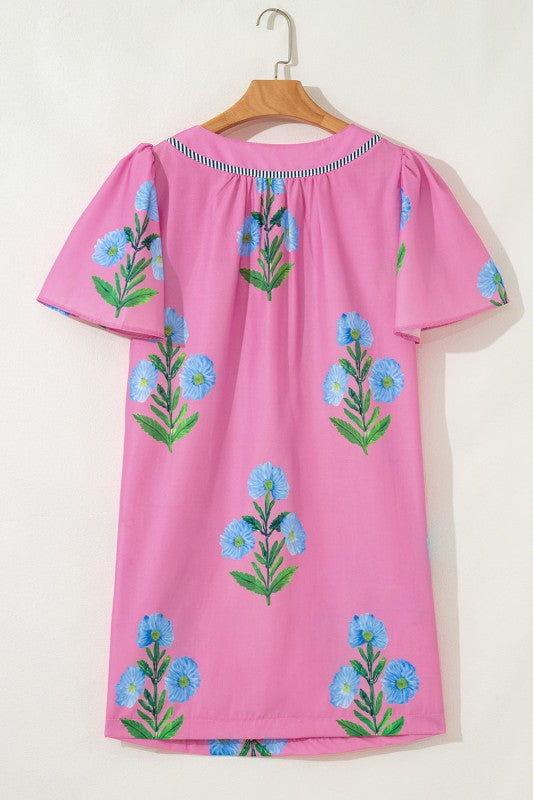 Floral Short Sleeve Split Neck Mini Dress