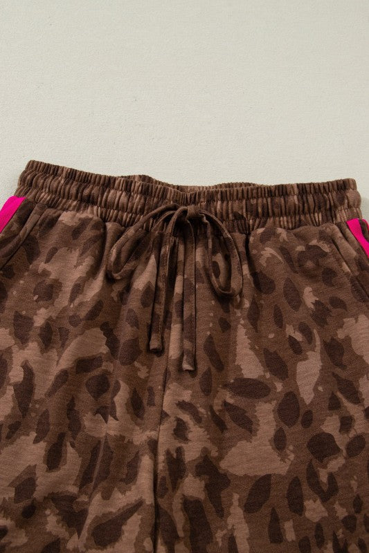 Leopard Contrast Stripe and Shorts Two-Piece Set