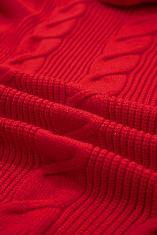 Cable Knit Turtleneck Ruffle Short Sleeve Sweater