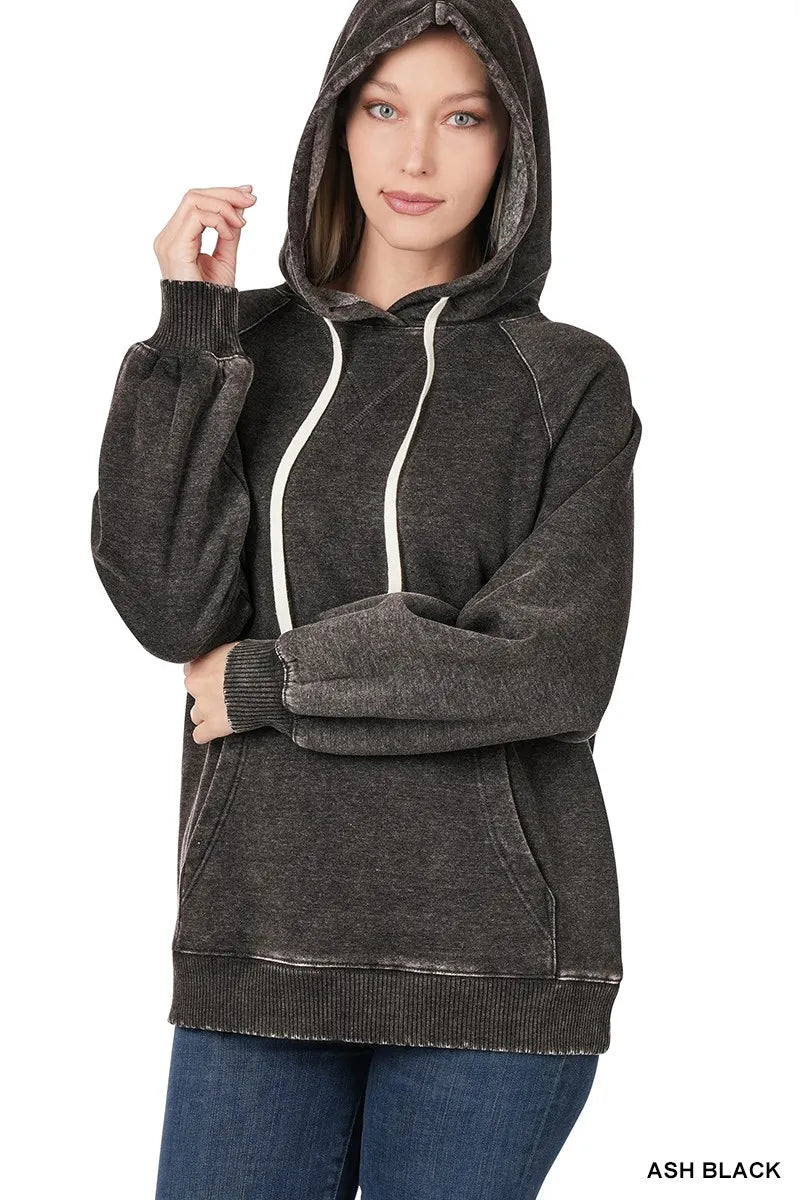 Zenana Acid Wash Fleece Hoodie with Drawstring