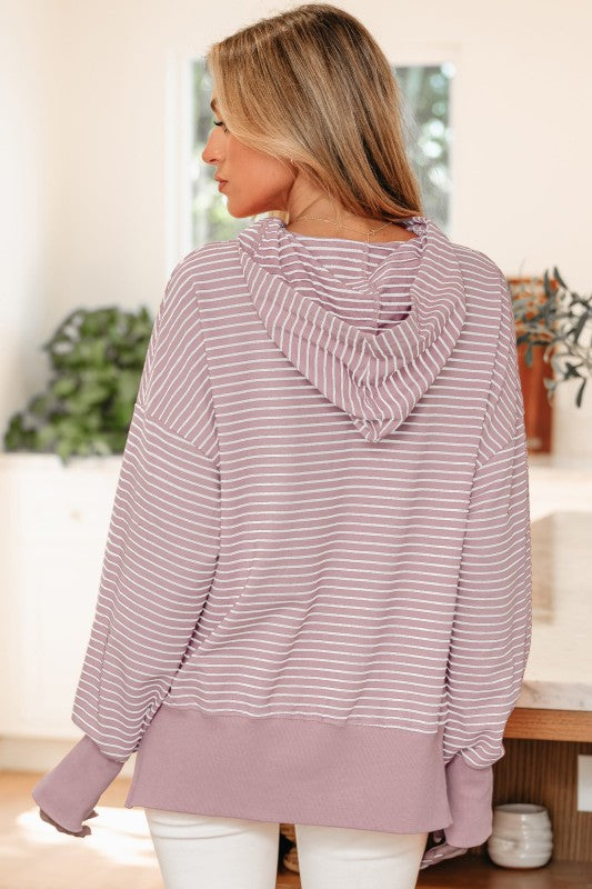 Stripe Thumbhole Sleeve Side Slit Hoodie
