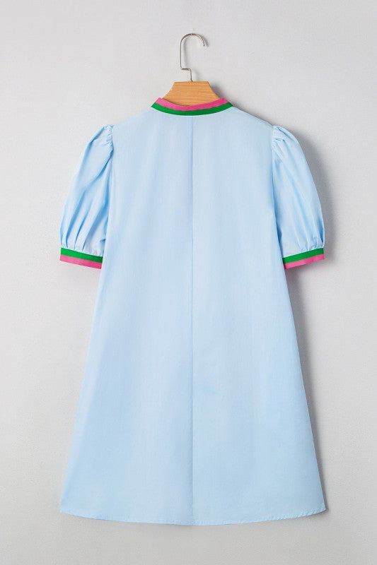 Colorblock Contrast Stripe V-Neck Puff Sleeve Mini