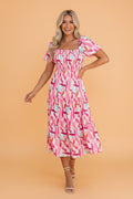 Abstract Brush Stroke Smocked Ruffle Tiered Dress