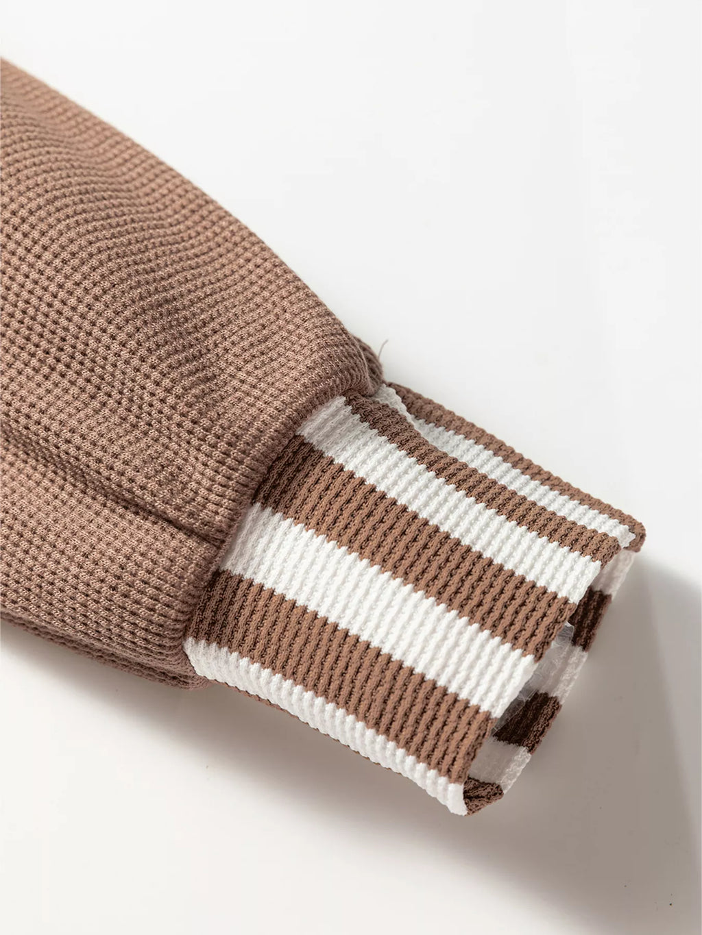 Waffle Texture Striped Patchwork Button Neck Drawstring Hoodie