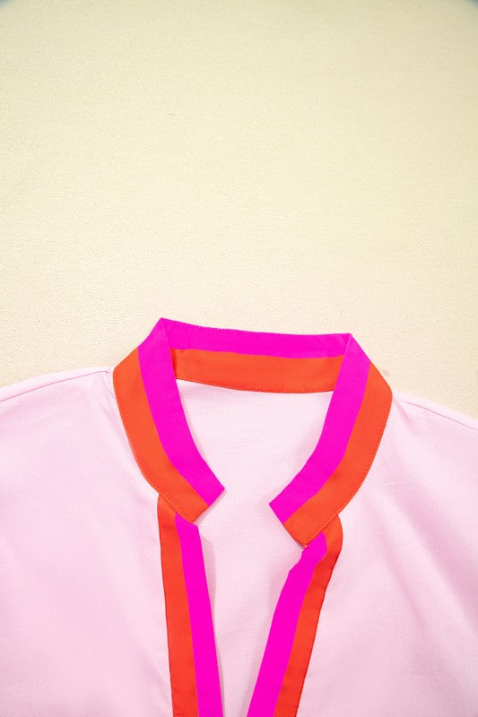 Contrast Stripe V-Neck Short Puff Sleeve Blouse