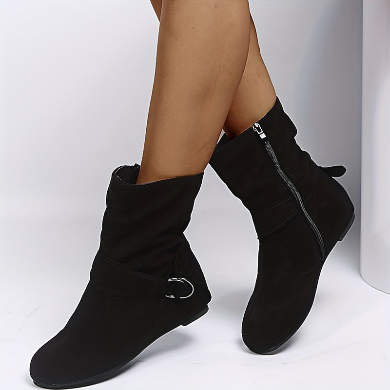 Ankle Boots  Round Toe Buckle Belt Side Zipper Boots