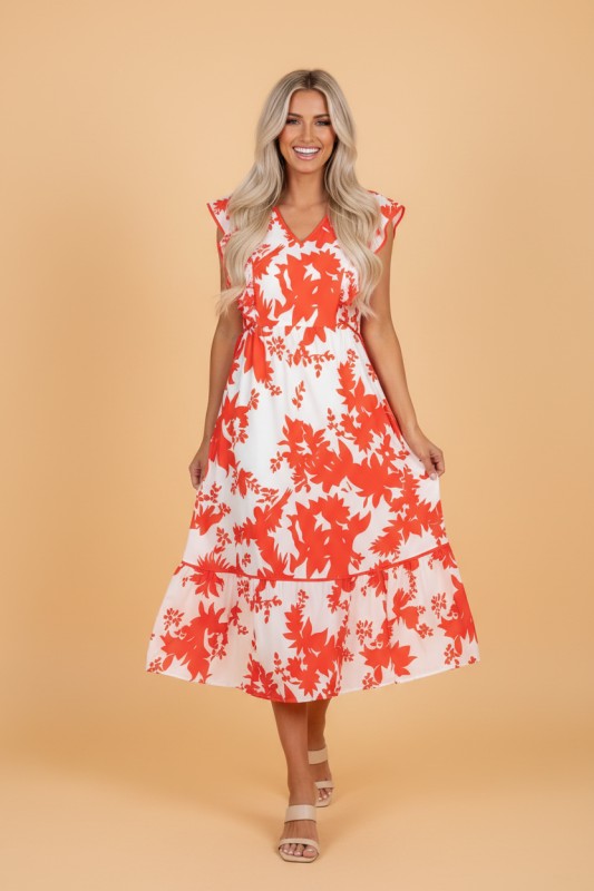 Floral Trim V-Neck Ruffle Sleeve Midi Dress