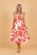 Floral Trim V-Neck Ruffle Sleeve Midi Dress