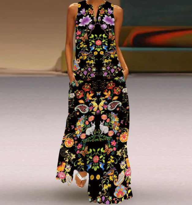 Printed V-neck Sleeveless Maxi Dress