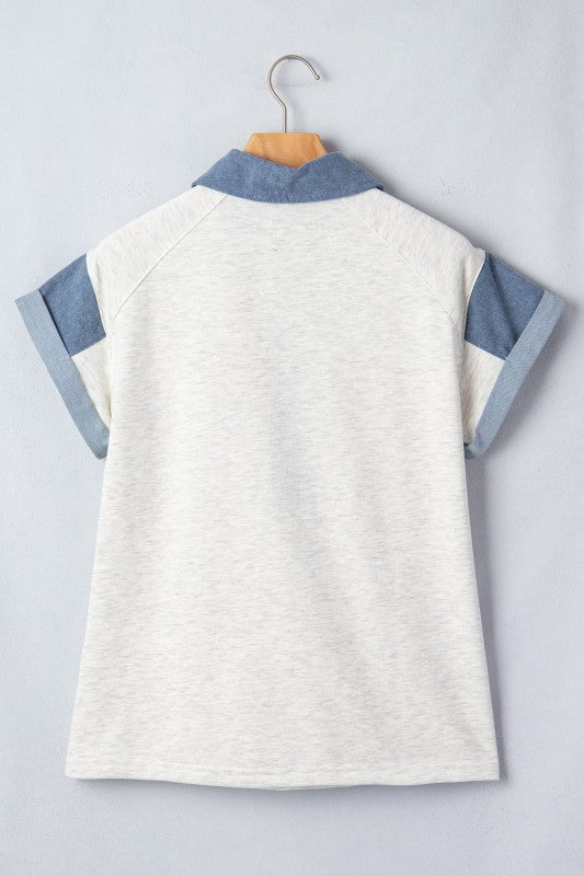 Denim Colorblock Patchwork Shirt Collar Blouse