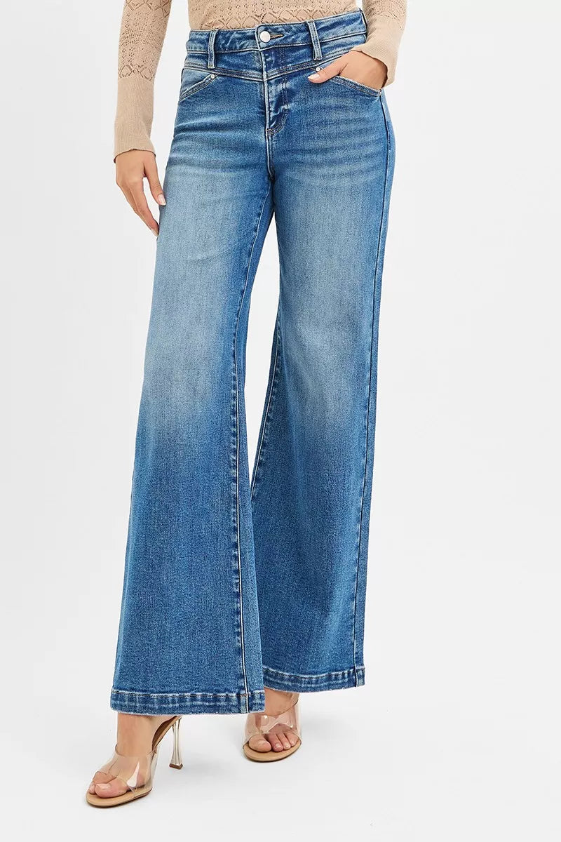 RISEN High Rise Wide Leg Jenas with Front Yoke and Heart Back Pocket