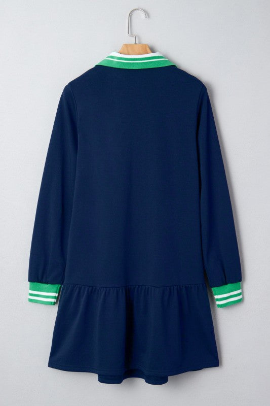 Stripe Contrast Polo Collar Ruffle Hem Mini Dress