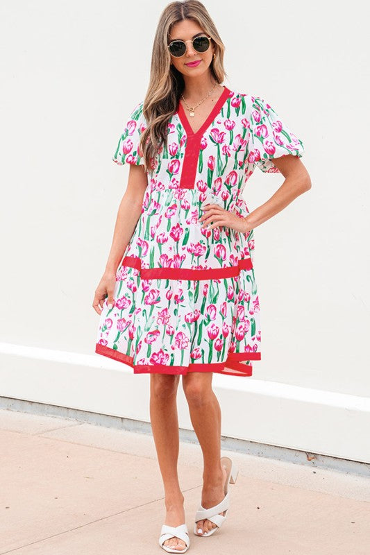 Floral Contrast Trim V-Neck Babydoll Dress