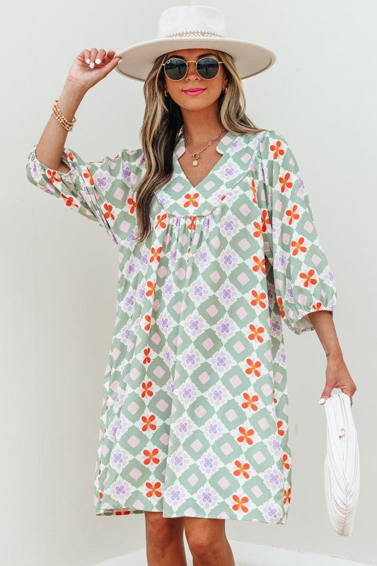 Geometric Floral 3/4 Sleeve Notched Neck Mini Dres