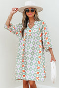 Geometric Floral 3/4 Sleeve Notched Neck Mini Dres