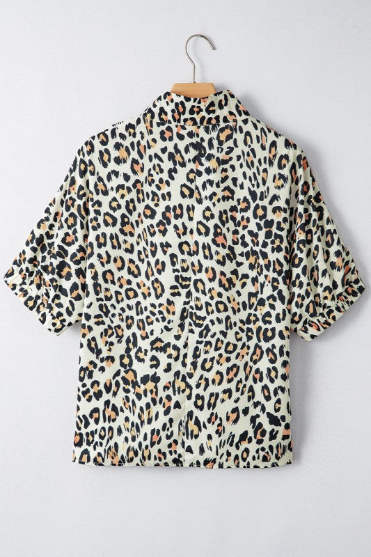 Leopard Colorblock V-Neck Short Sleeve Blouse