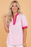Contrast Stripe V-Neck Short Puff Sleeve Blouse