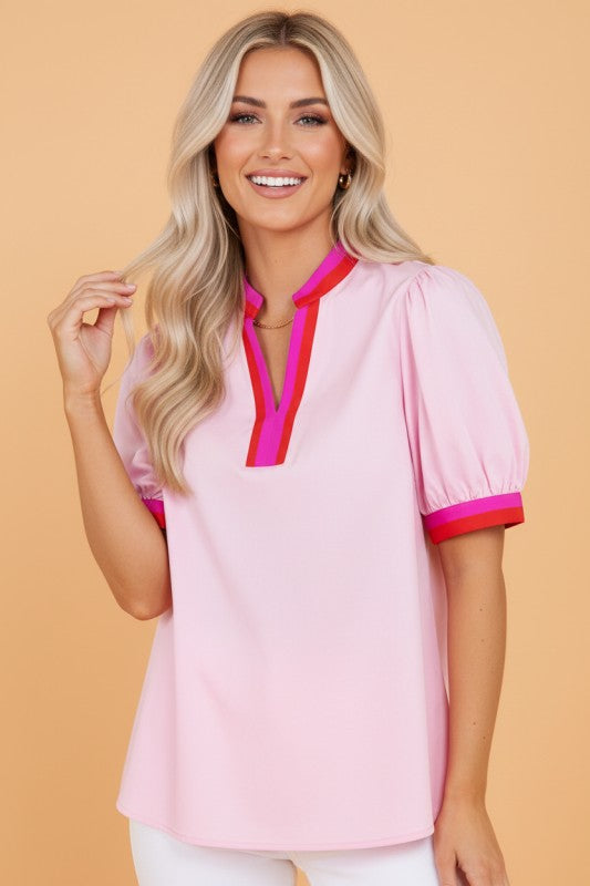 Contrast Stripe V-Neck Short Puff Sleeve Blouse