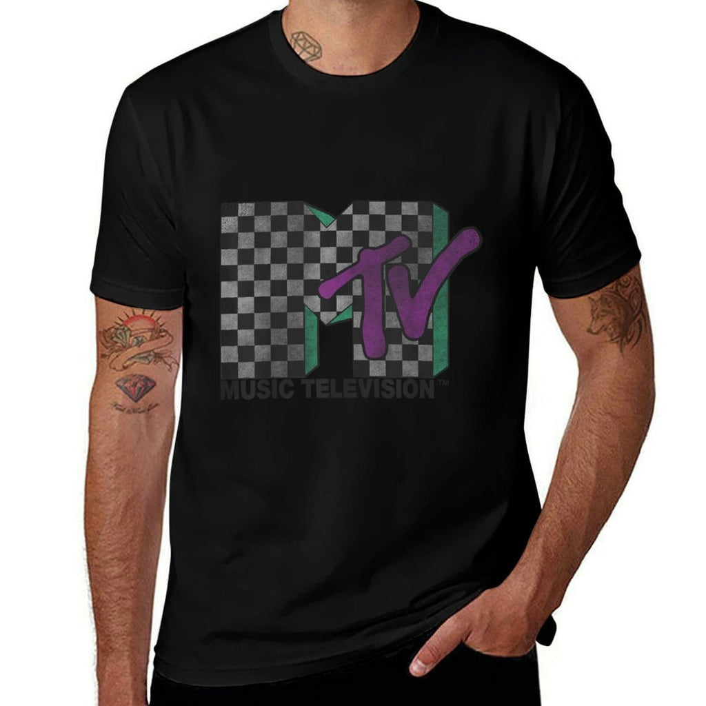 MTV Checkered Distressed Retro Logo Eco-friendly Material T-Shirt
