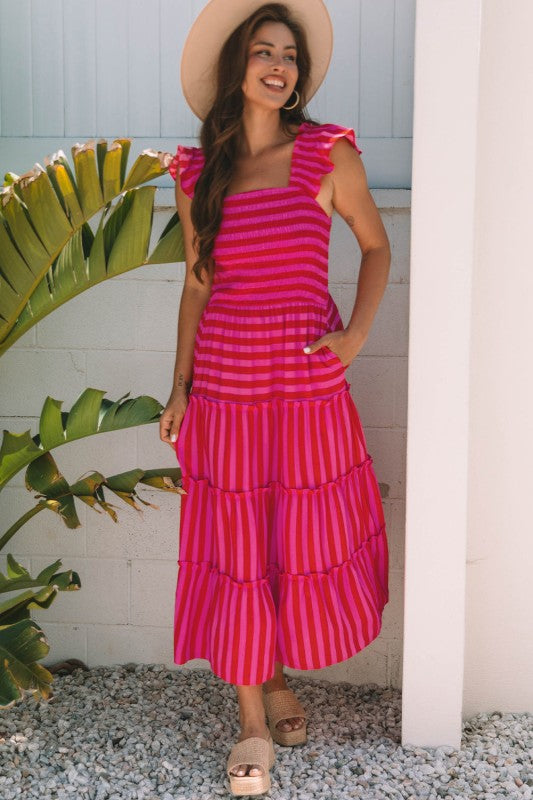 Stripe Smocked Bodice Flutter Sleeve Tiered Maxi D