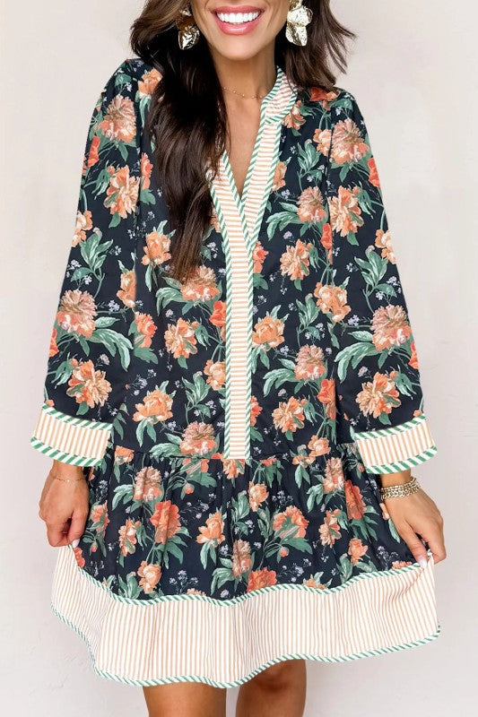 Floral Stripe Trim V-Neck Ruffle Hem Mini Dress