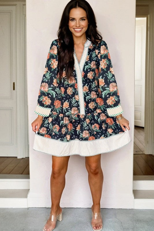 Floral Stripe Trim V-Neck Ruffle Hem Mini Dress