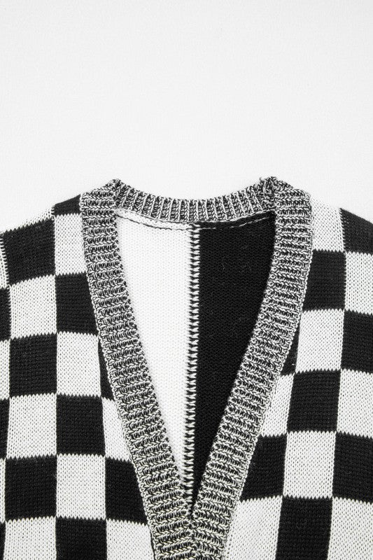 Checker Open Front Drop Shoulder Cardigan