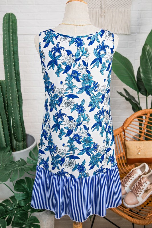 Floral Scoop-Neck Stripe Ruffle-Hem Dress
