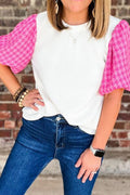 Round Neck Contrast Tweed Puff Sleeve Top