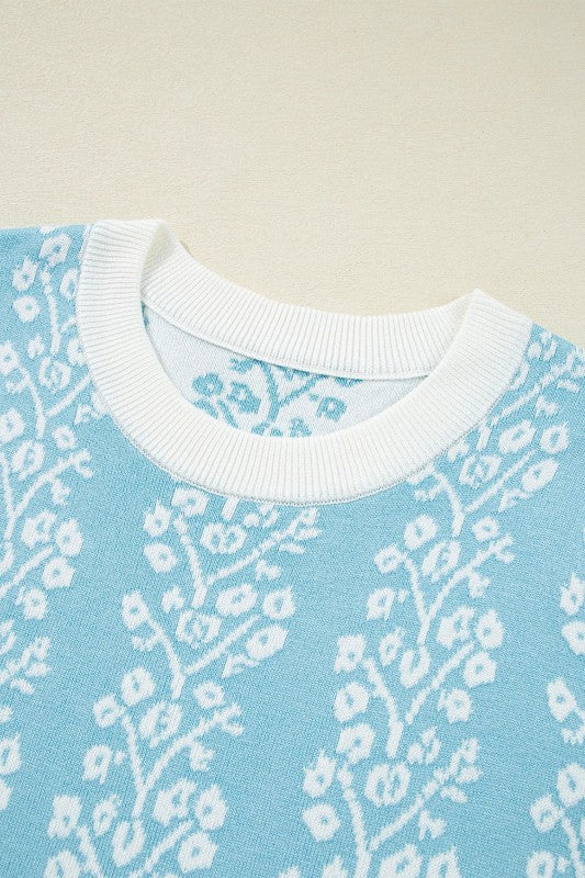 Floral Contrast Crewneck Short Sleeve Sweater