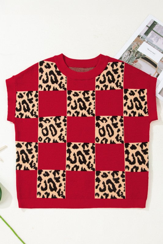 Leopard Checker Short Sleeve Knit Sweater