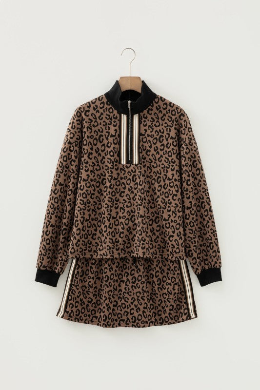Leopard Quarter Zip Top & Mini Skirt Set