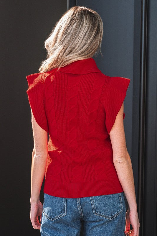Cable Knit Turtleneck Ruffle Short Sleeve Sweater