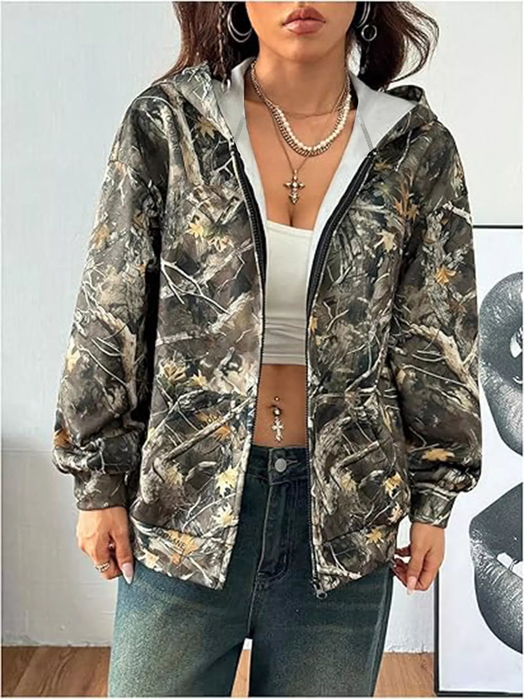 Vintage Printed Zip-Up Hoodie