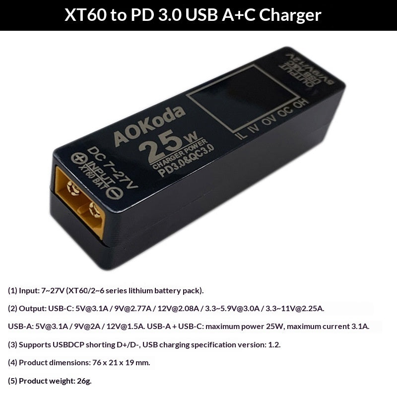 Drone Battery Charger For Fixed-wing FPV Drones With XT60 To USB Adapter For Fast Phone Charging
