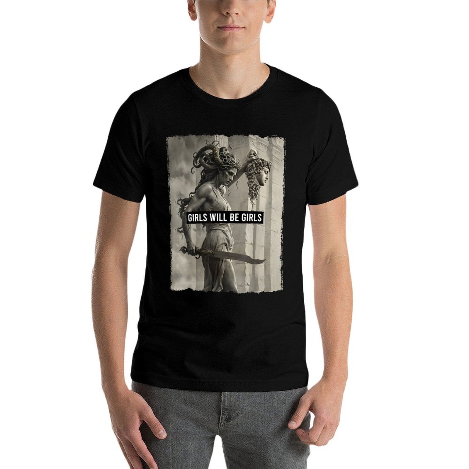 Girl Will Be Girls S Medusa Feminist Women Ribbed Collar T-Shirt