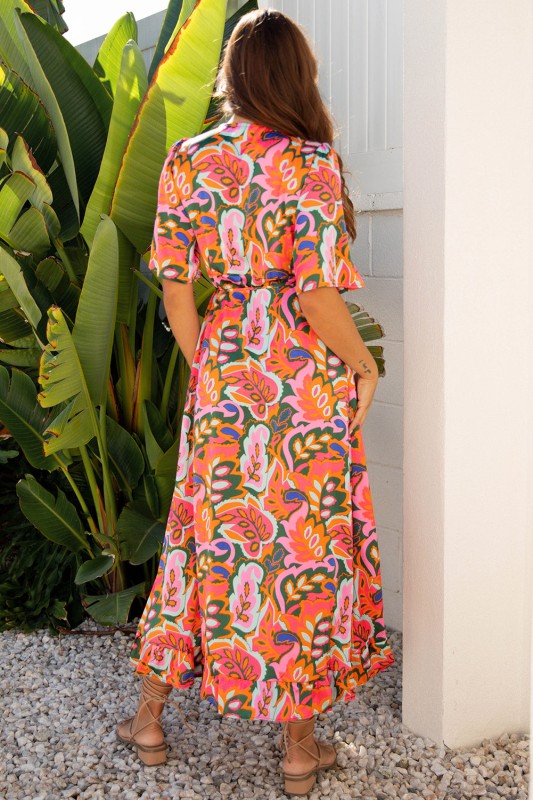 Tropical V-Neck Ruffle Asymmetric Slit Maxi Dress
