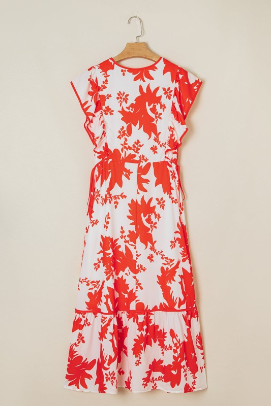 Floral Trim V-Neck Ruffle Sleeve Midi Dress