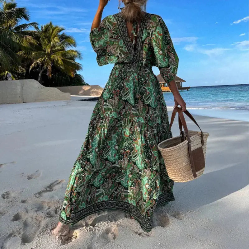 Bohemian Style V-Neck Floral Maxi Dress for Women