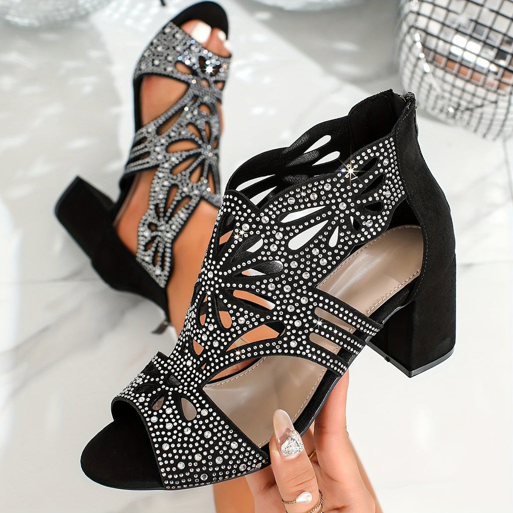 Elegant Formal  Black Floral Cut Out Heels Sandals
