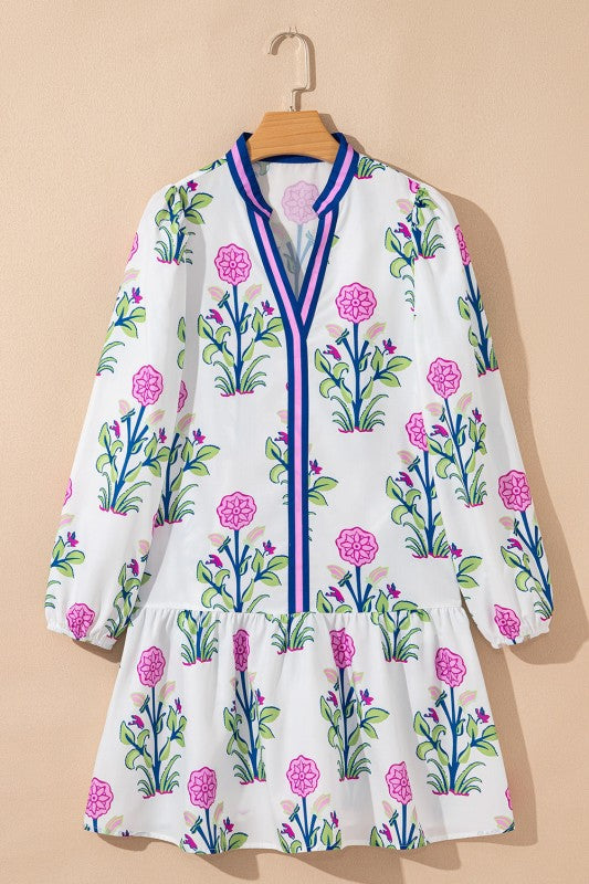 Floral Contrast Stripe Trim Notch Neck Dress
