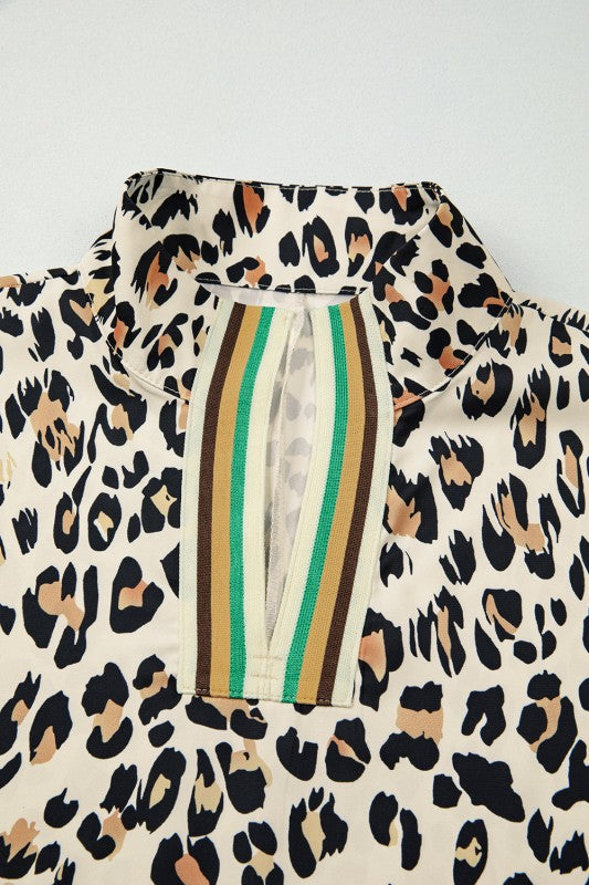 Leopard Colorblock V-Neck Short Sleeve Blouse