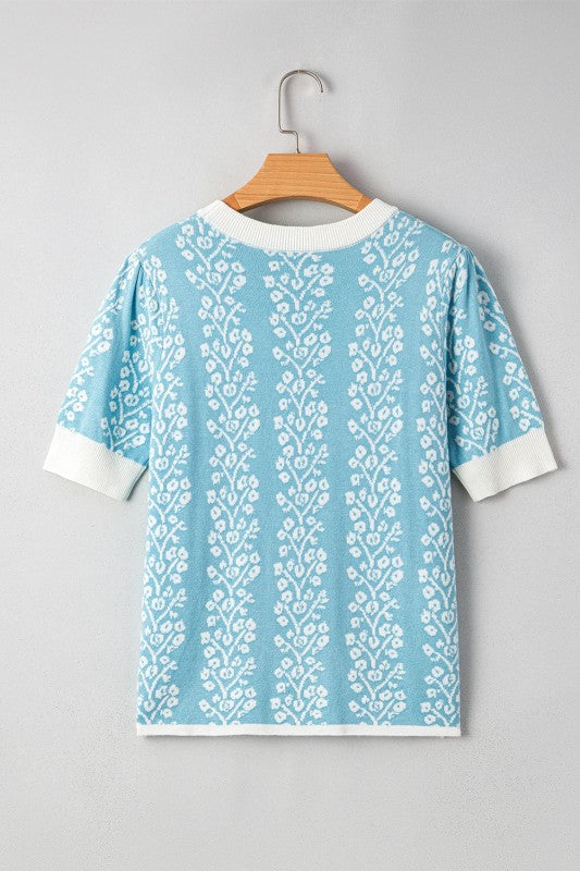 Floral Contrast Crewneck Short Sleeve Sweater