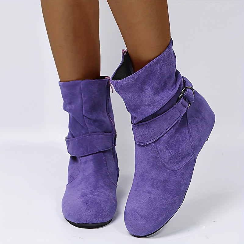 Ankle Boots  Round Toe Buckle Belt Side Zipper Boots