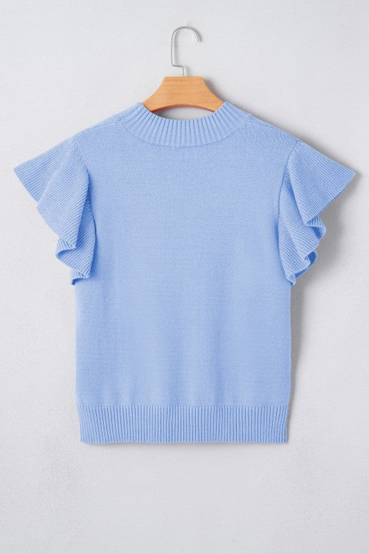 Solid Ruffle Sleeve Round Neck Ribbed Sweater