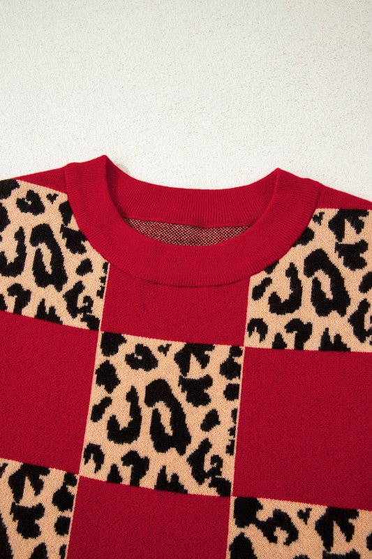 Leopard Checker Short Sleeve Knit Sweater